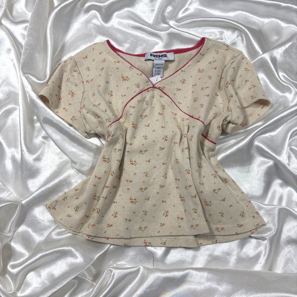 y2k RSQ Babydoll Top Cream Excellent Floral Pointelle Lace Trim XL